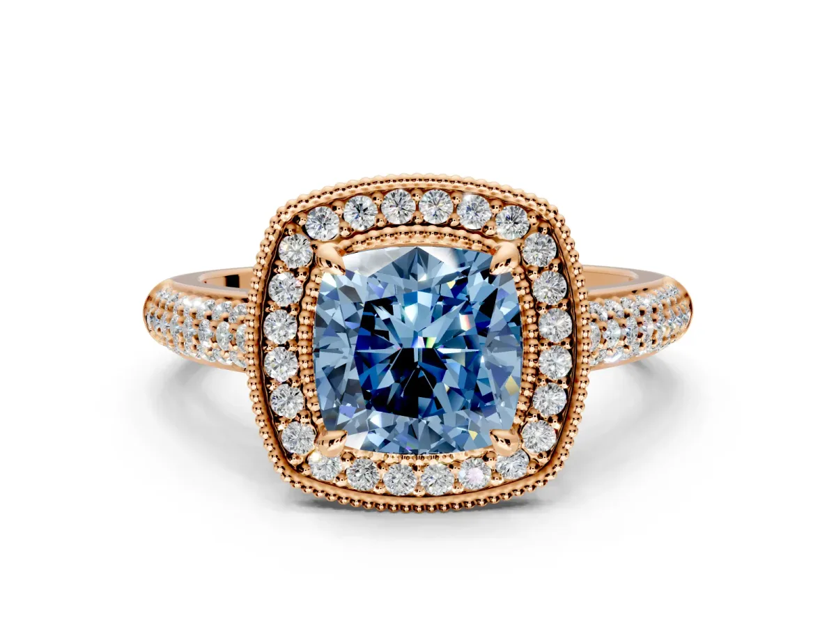 Milgrain Halo Engagement Ring Setting for Fancy Blue Cushion Cut Center with Three-Sided Pave Band and Prong Head in Rose Gold