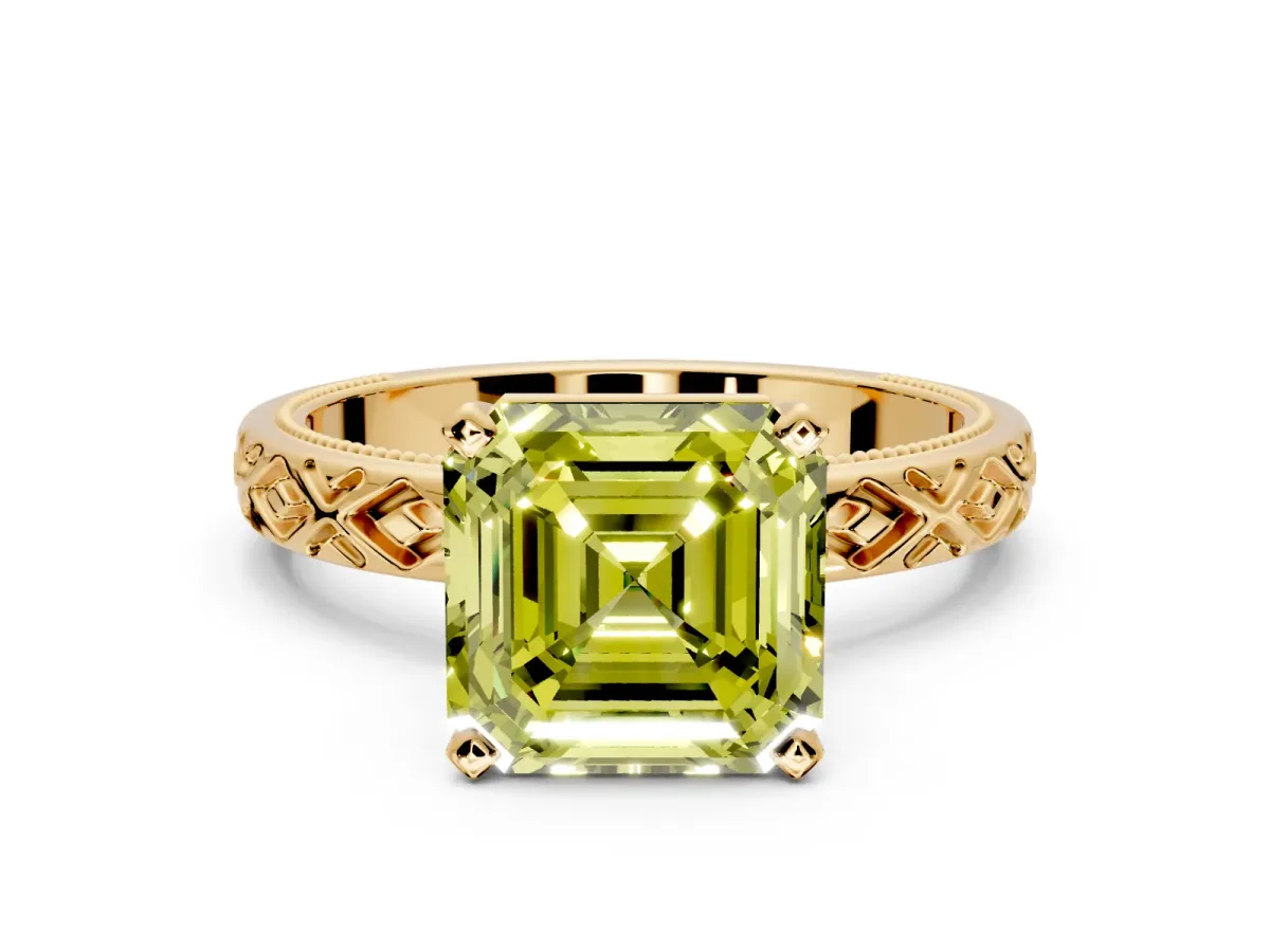 Solitaire Engagement Ring Setting for Fancy Yellow Asscher Cut Center with Milgrain X Pattern Band and Prong Head in Yellow Gold