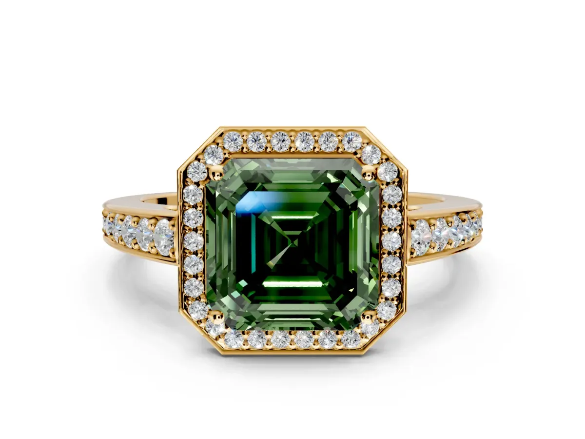 Bezel-Framed Halo Engagement Ring Setting for Fancy Green Asscher Cut Center with Pave Band and Prong Head in Yellow Gold
