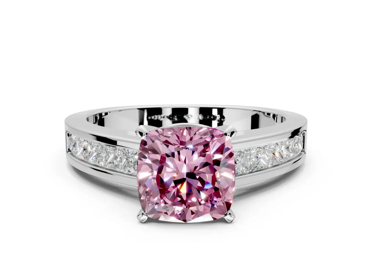 Solitaire Engagement Ring Setting for Fancy Pink Cushion Cut Center with Princess Cut Channel Band and Prong Head in White Gold