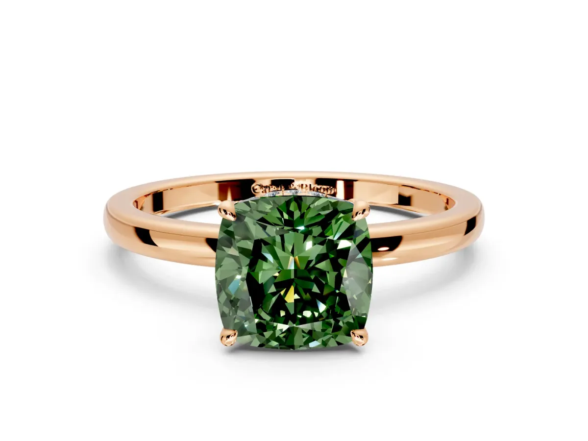 Hidden Halo Engagement Ring Setting for Fancy Green Cushion Cut Center with Plain Band and Tall Prong Head in Rose Gold