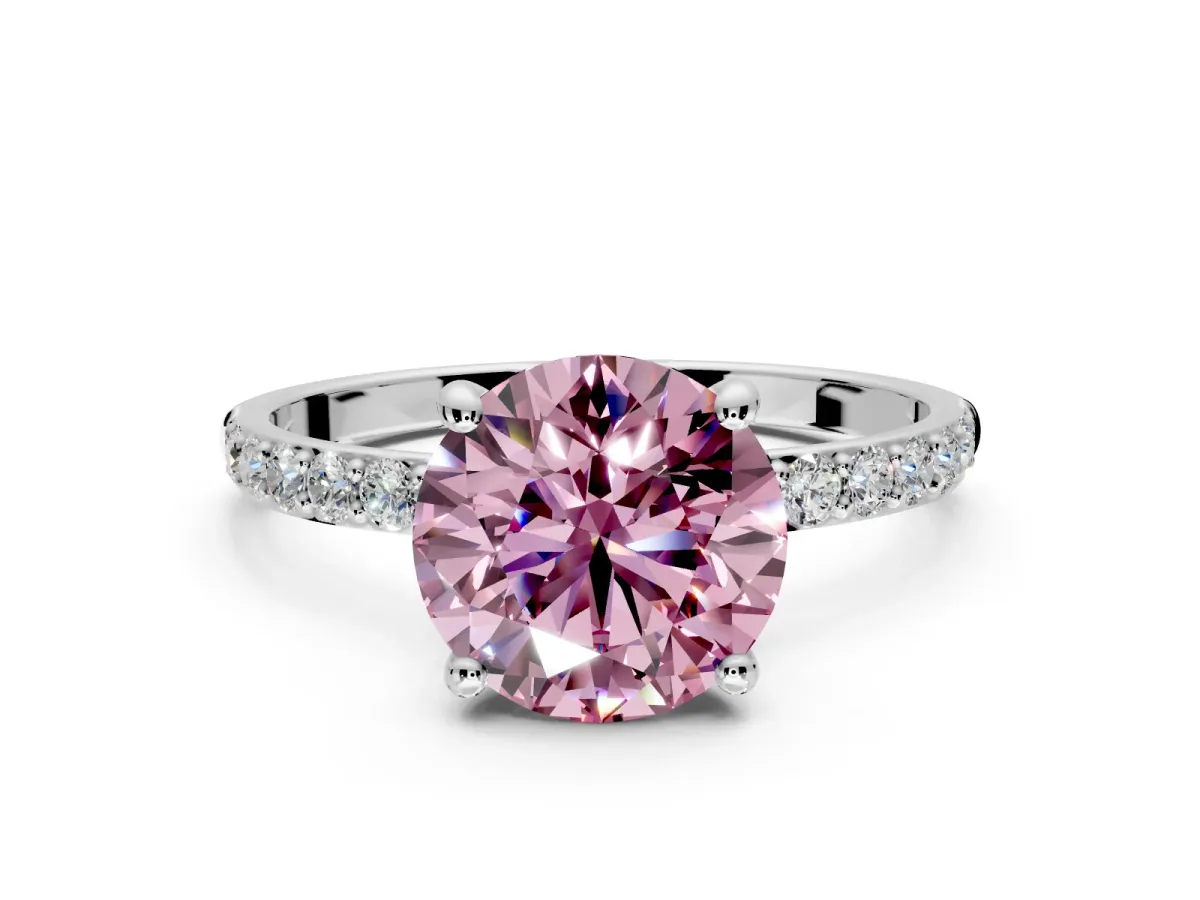 Solitaire Engagement Ring Setting for Fancy Pink Round Cut Center with Pave Accents and Prong Head in Platinum