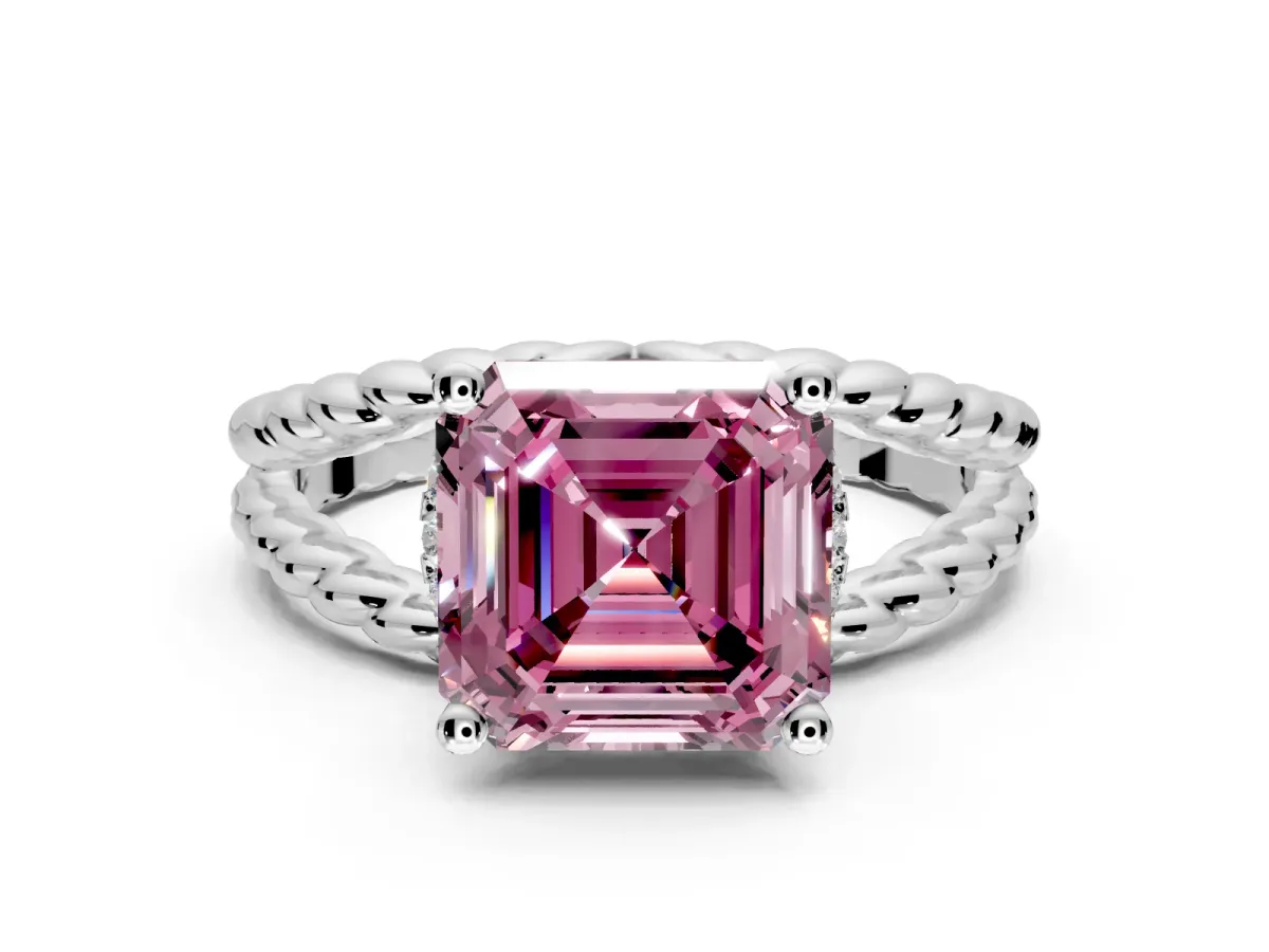 Halo Engagement Ring Setting for Fancy Pink Asscher Cut Center with Rope Twist Split Shank and Prong Head in Platinum