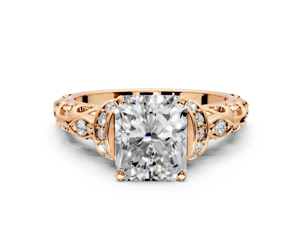 Solitaire Engagement Ring Setting for Radiant Cut Center with Filigree Band and Prong Head in Rose Gold