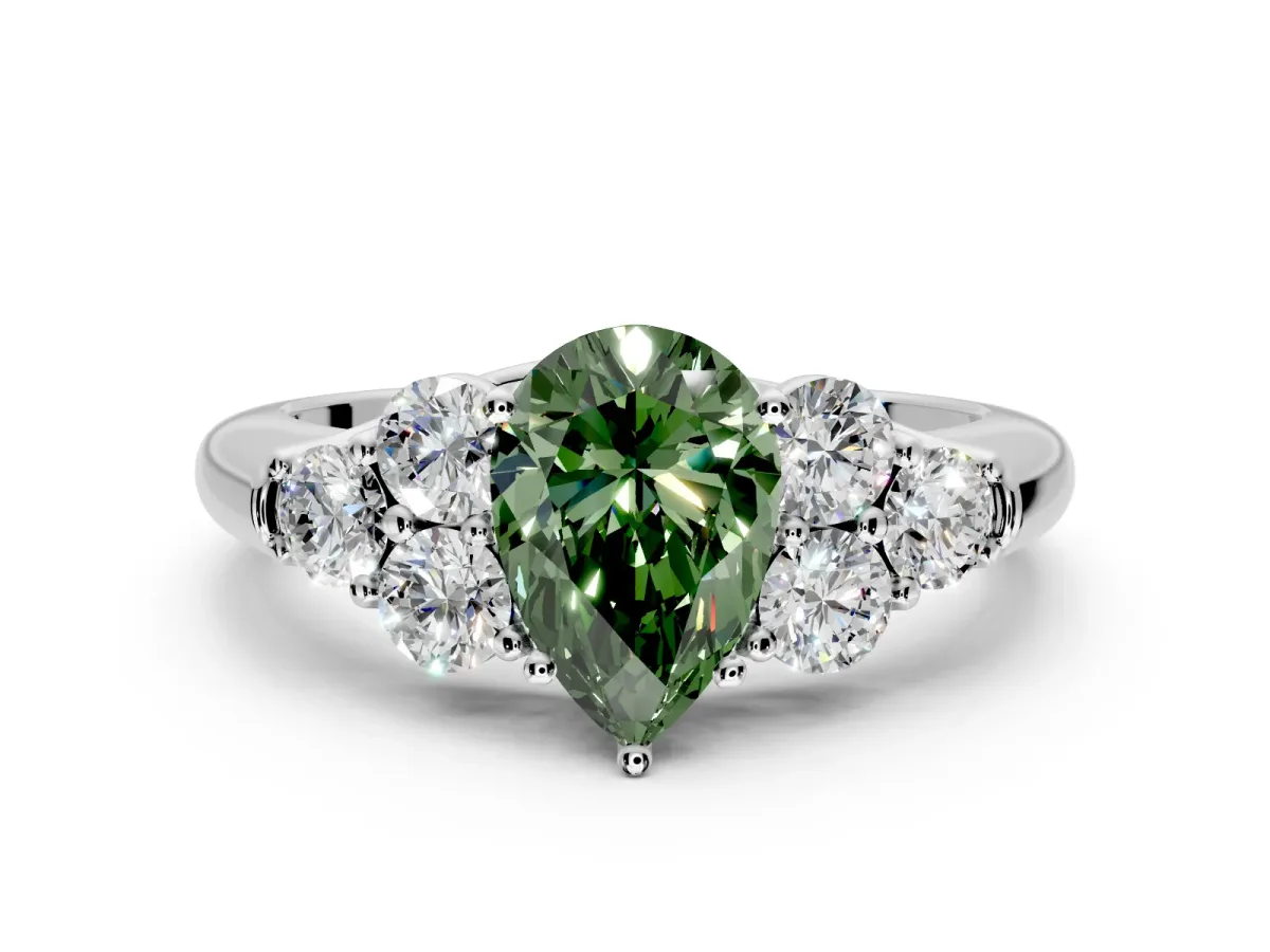 Cluster Engagement Ring Setting for Fancy Green Pear-Shaped Center with Round Cut Accent Frame and Prong Head in Sterling Silver
