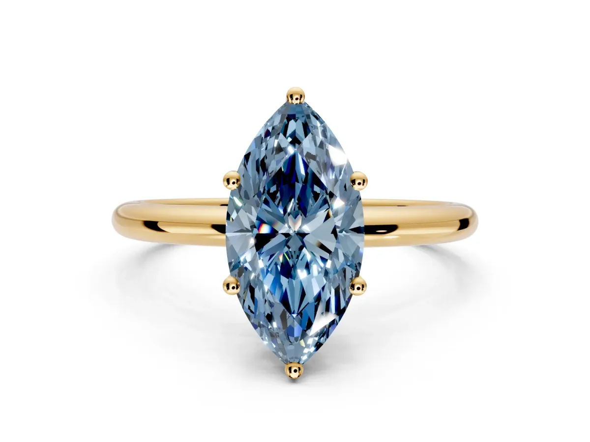 Hidden Halo Engagement Ring Setting for Fancy Blue Marquise Center with Thin Round-Wire Band and Prong Head in Yellow Gold