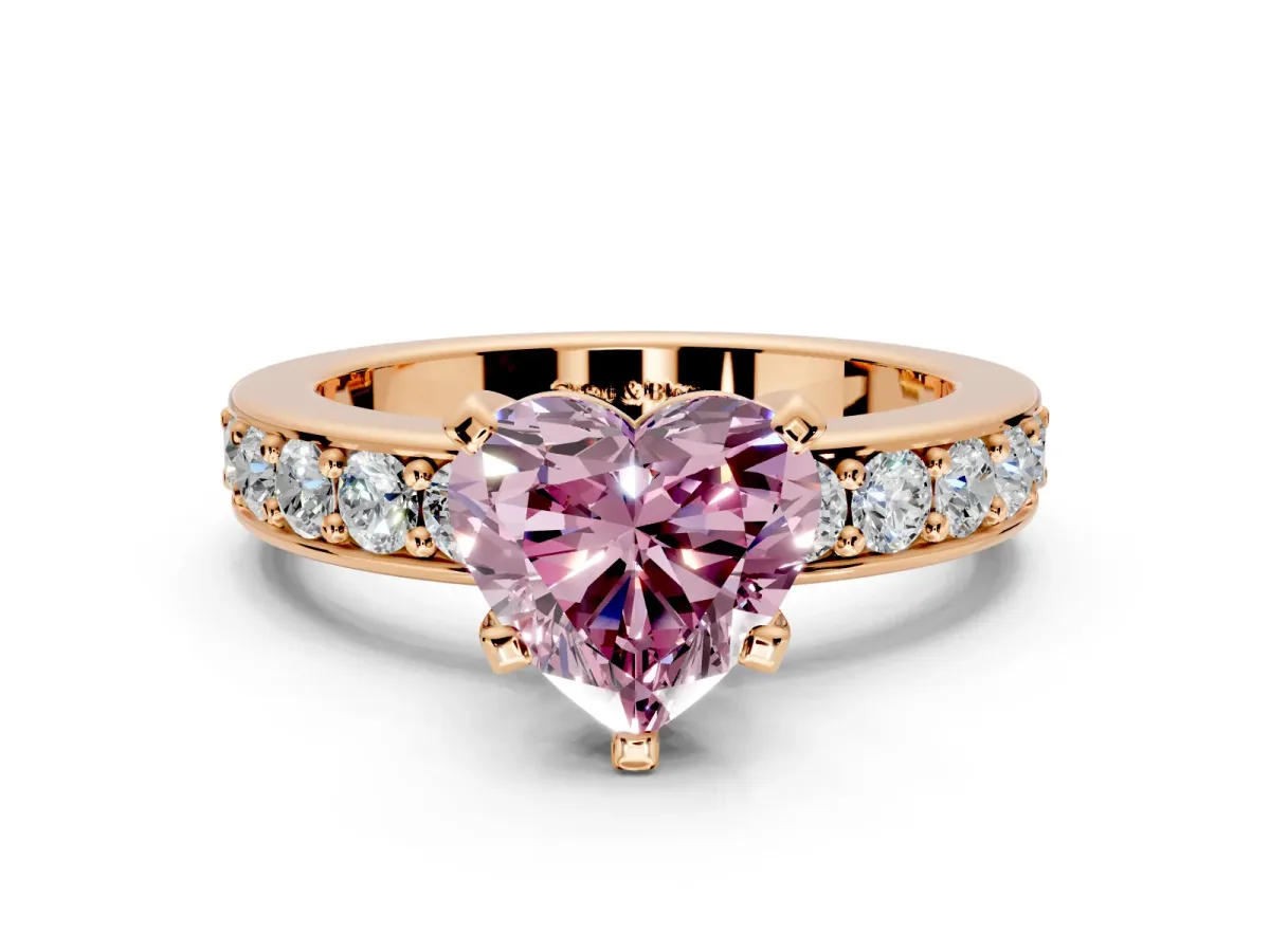 Solitaire Engagement Ring Setting for Fancy Pink Heart-Shaped Center with Channel-Set Accents and Prong Head in Rose Gold
