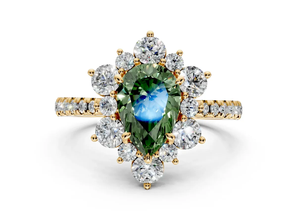 Floral Halo Engagement Ring Setting for Fancy Green Pear-Shaped Center with Pave Accents and Prong Head in Yellow Gold