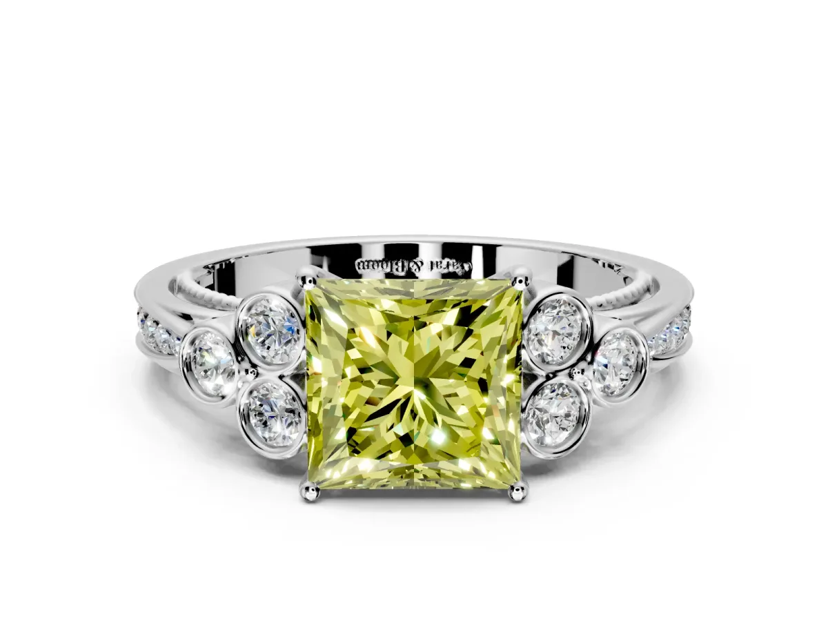 Cluster Engagement Ring Setting for Fancy Yellow Princess Cut Center with Bezel Accent Clusters and Prong Head in Sterling Silver