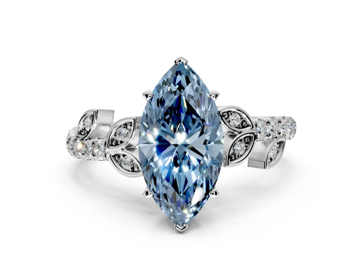 Leaf Motif Engagement Ring Setting for Fancy Blue Marquise Center with Pave Band and Prong Head in Sterling Silver