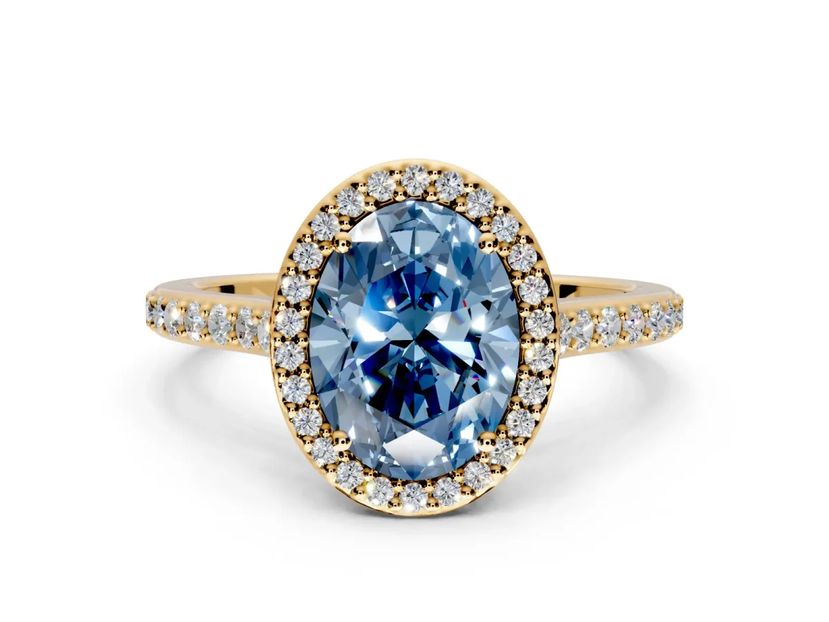 Halo Engagement Ring Setting for Fancy Blue Oval Center with Pave Accents, Heart Basket and Prong Head in Yellow Gold