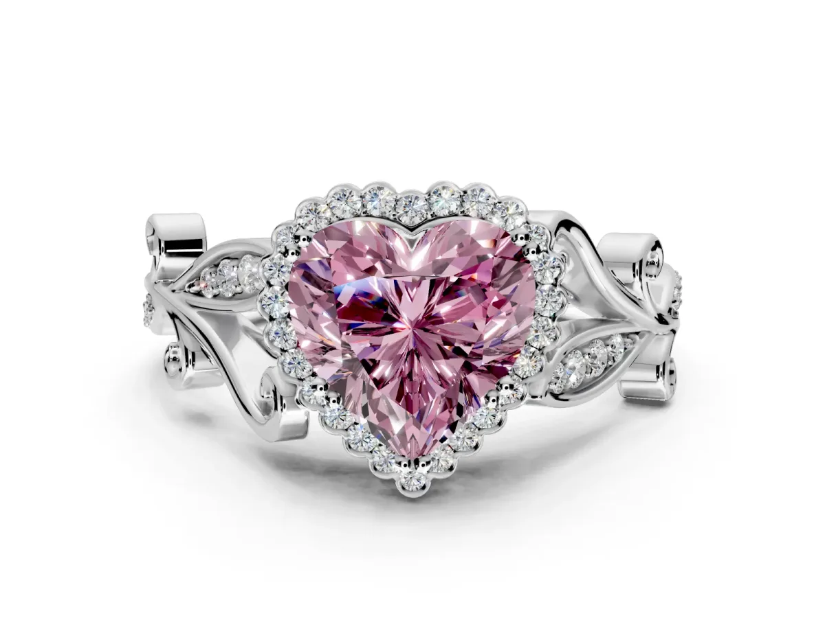 Halo Engagement Ring Setting for Fancy Pink Heart-Shaped Center with Leaf Motif Split Shank and Prong Head in Platinum