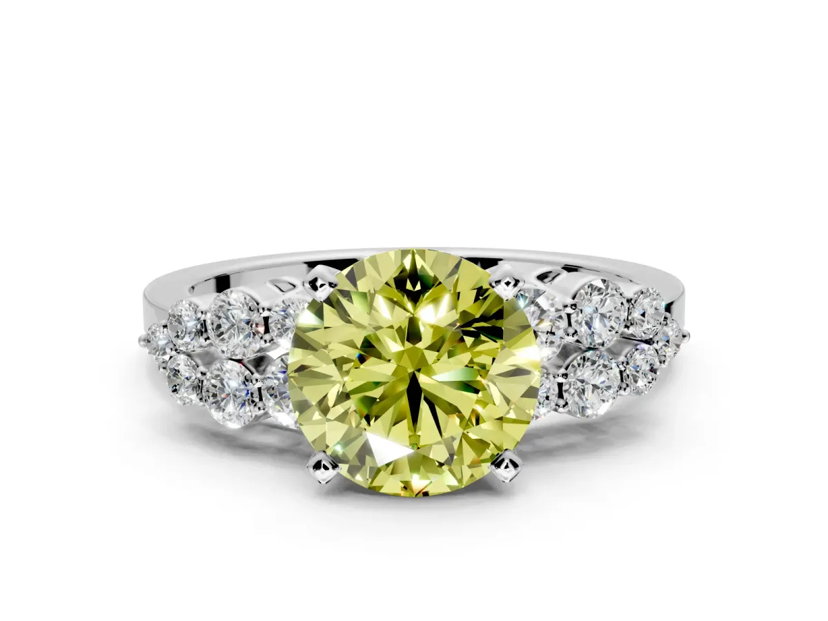 Cluster Engagement Ring Setting for Fancy Yellow Round Cut Center with 2-Row Shoulder Clusters and Prong Head in Platinum