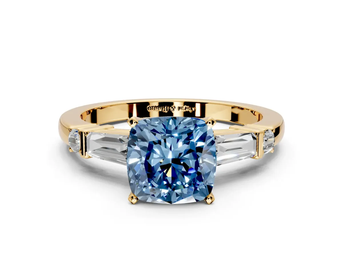 Bar-Set Engagement Ring Setting for Fancy Blue Cushion Cut Center with Tapered Baguette Accents and Prong Head in Yellow Gold