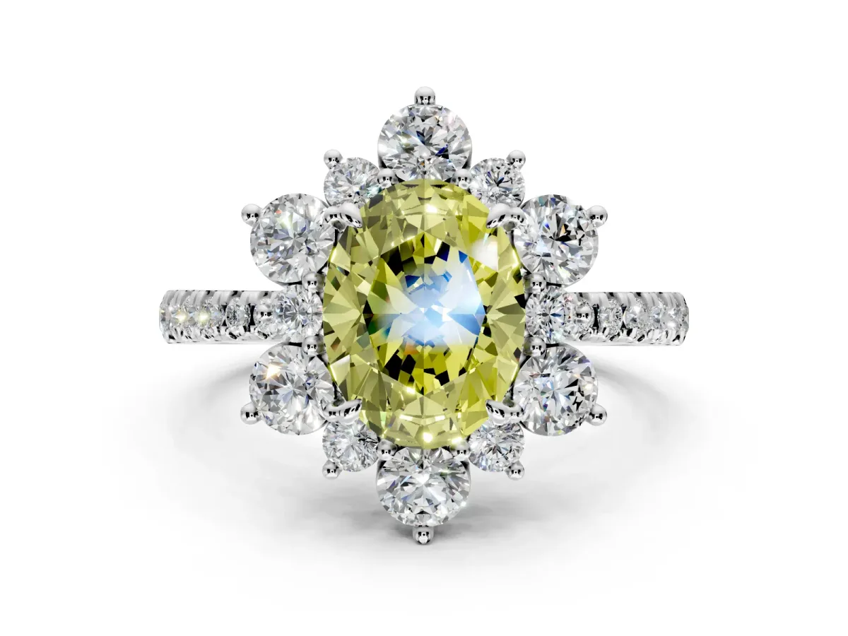Floral Halo Engagement Ring Setting for Fancy Yellow Oval Center with Pave Accents and Prong Head in Sterling Silver