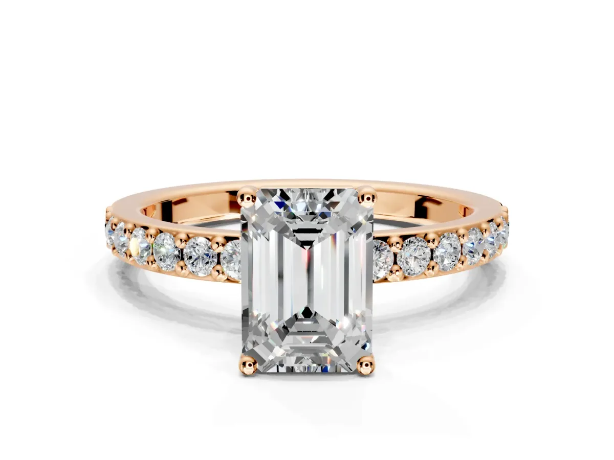 Solitaire Engagement Ring Setting for Emerald Cut Center with Round Cut Pave Band and Prong Head in Rose Gold