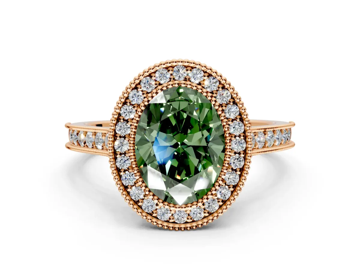 Halo Engagement Ring Setting for Fancy Green Oval Center with Milgrain Pave Band and Bezel Head in Rose Gold