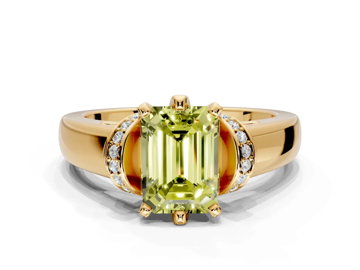 Solitaire Engagement Ring Setting for Fancy Yellow Emerald Cut Center with Wide Band, Pave Collar and Prong Head in Yellow Gold