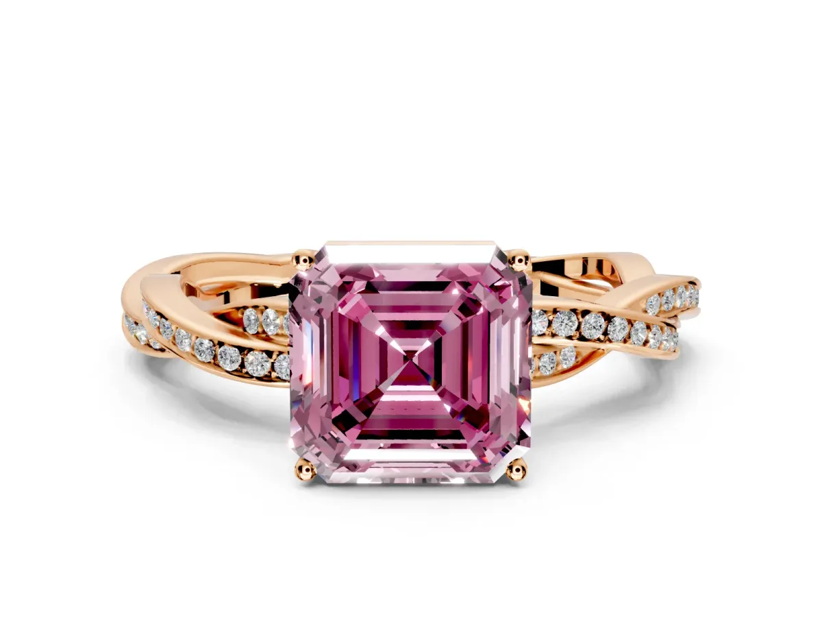 Solitaire Engagement Ring Setting for Fancy Pink Asscher Cut Center with Twisted Pave Band and Prong Head in Rose Gold