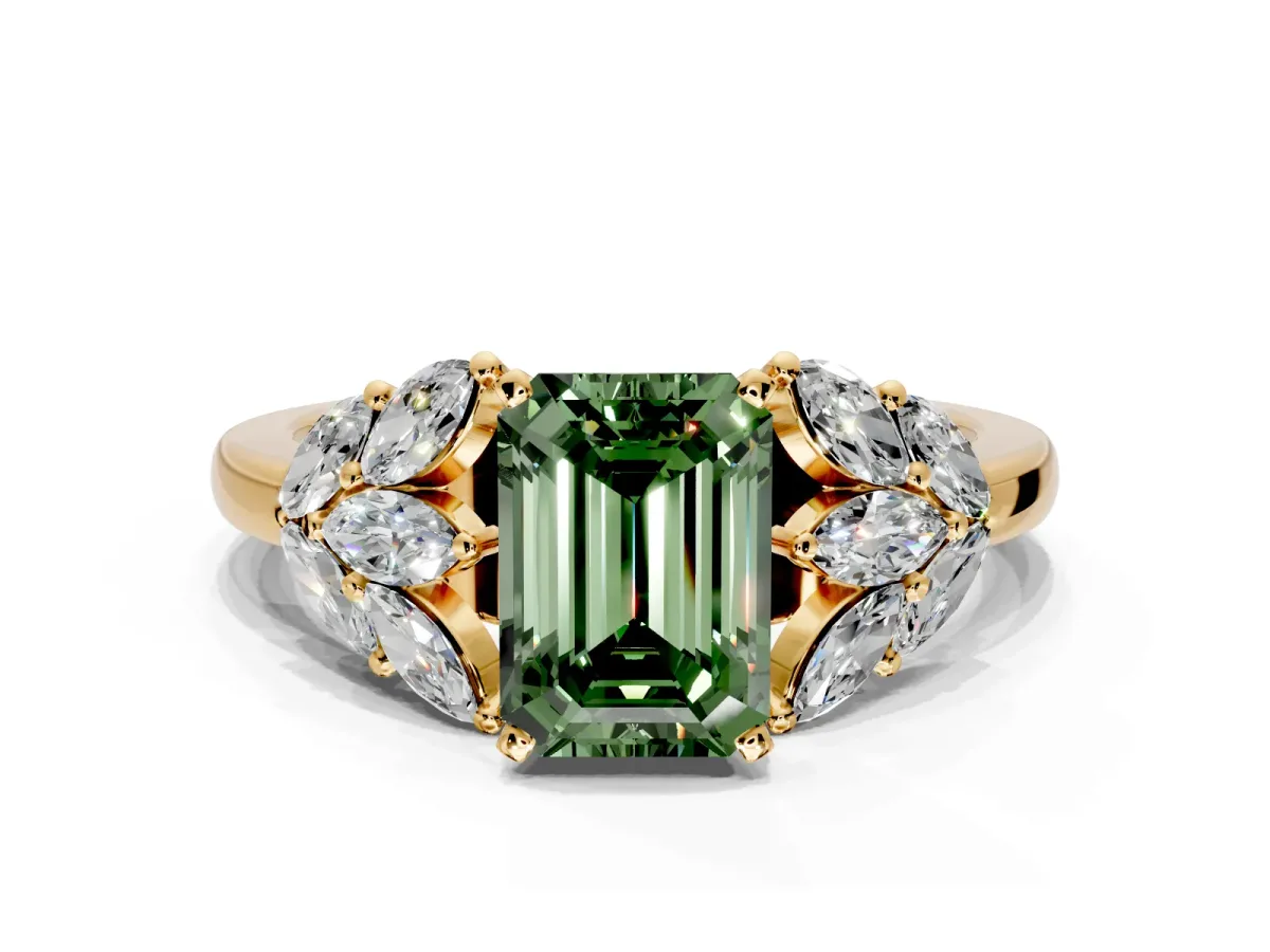 Leaf Cluster Engagement Ring Setting for Fancy Green Emerald Cut Center with Marquise Accents and Prong Head in Yellow Gold
