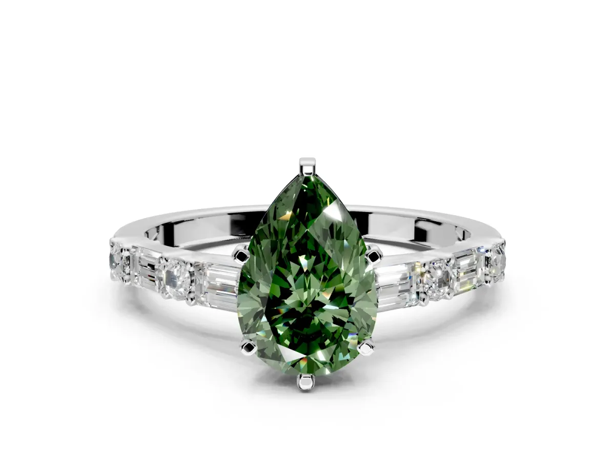 Baguette Engagement Ring Setting for Fancy Green Pear-Shaped Center with Alternating Bar-Set Band and Prong Head in Platinum