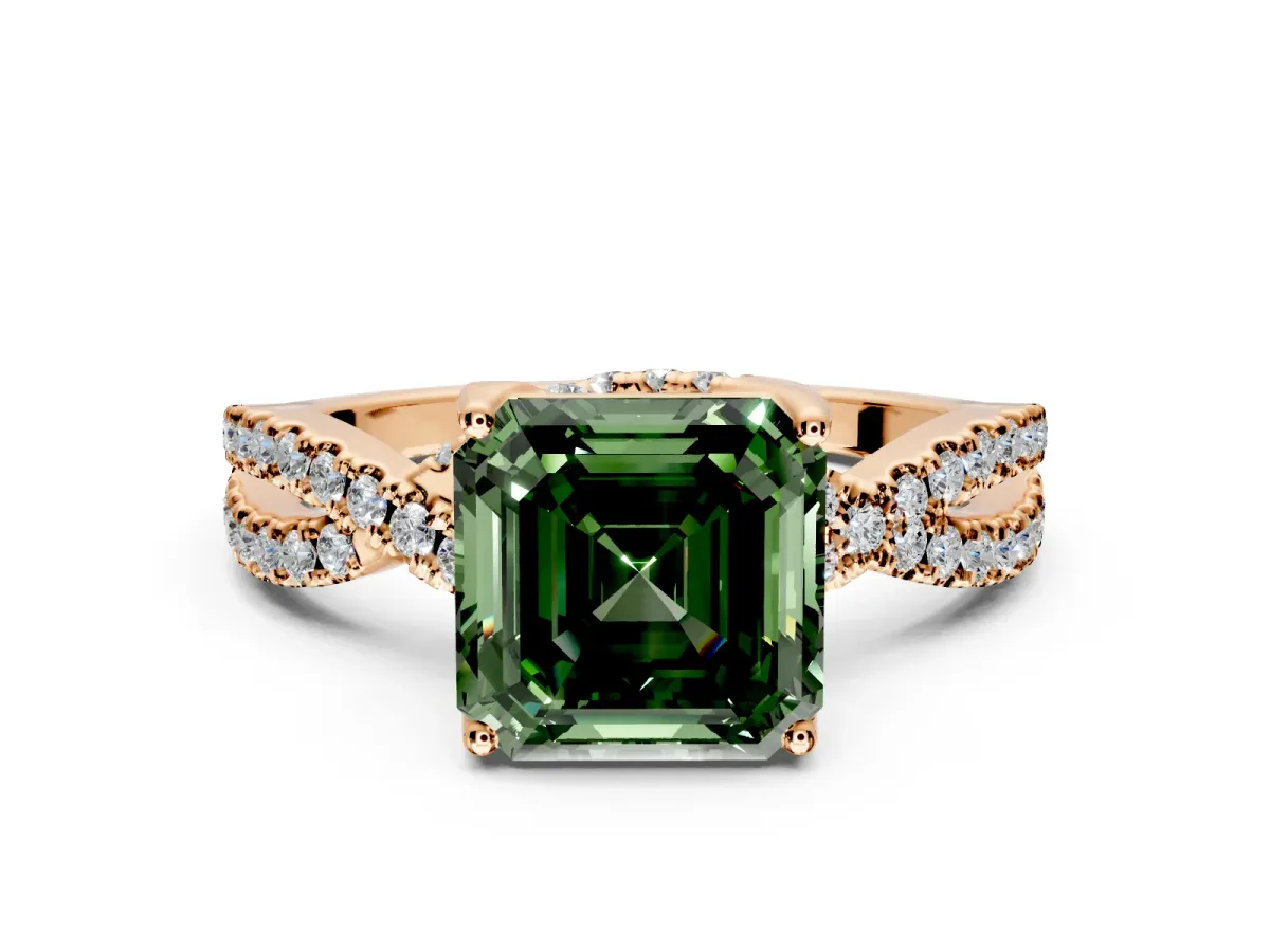 Solitaire Engagement Ring Setting for Fancy Green Asscher Cut Center with Narrow Twist Pave Band and Prong Head in Rose Gold