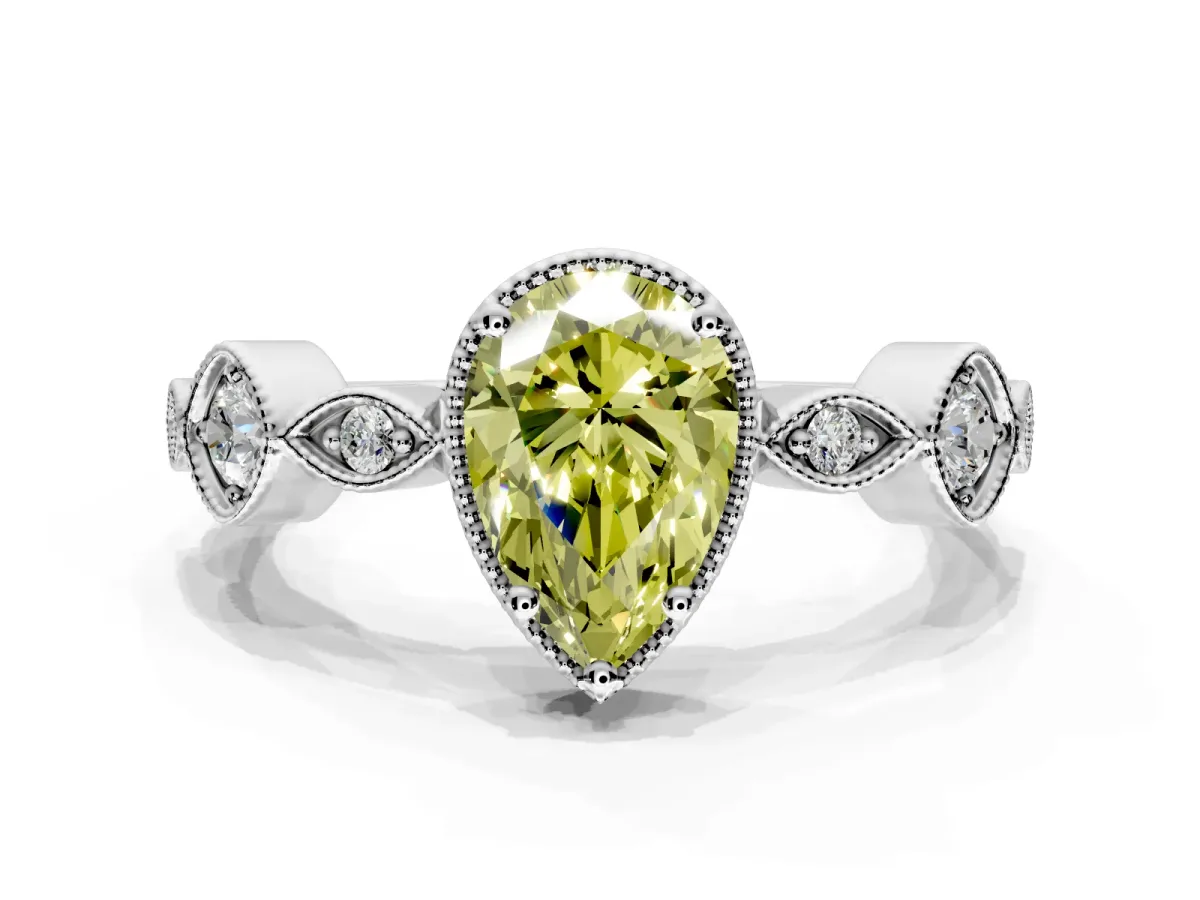 Vintage Station Engagement Ring Setting for Fancy Yellow Pear-Shaped Center with Accents and Prong Head in Sterling Silver