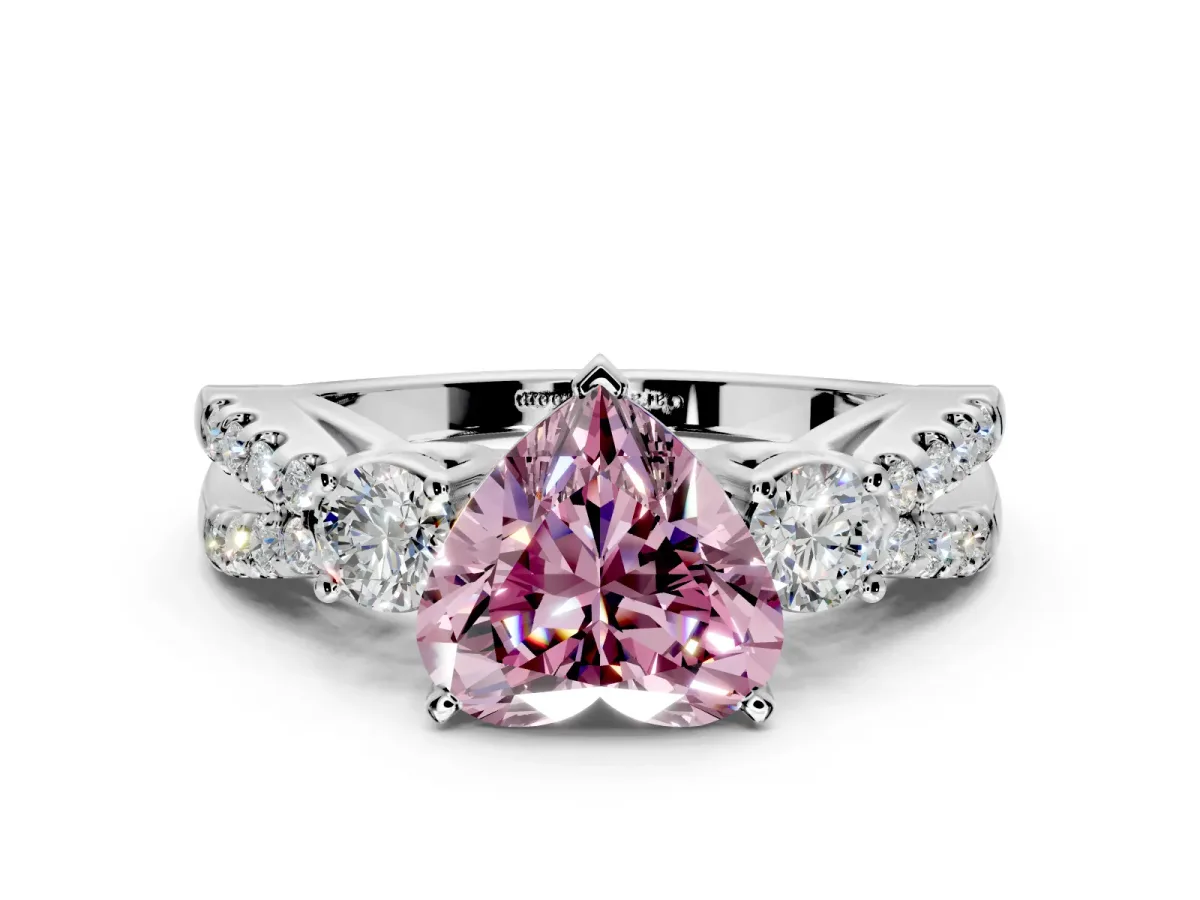 3 Stone Engagement Ring Setting for Fancy Pink Heart-Shaped Center with Pave Split Shank and Prong Head in Platinum