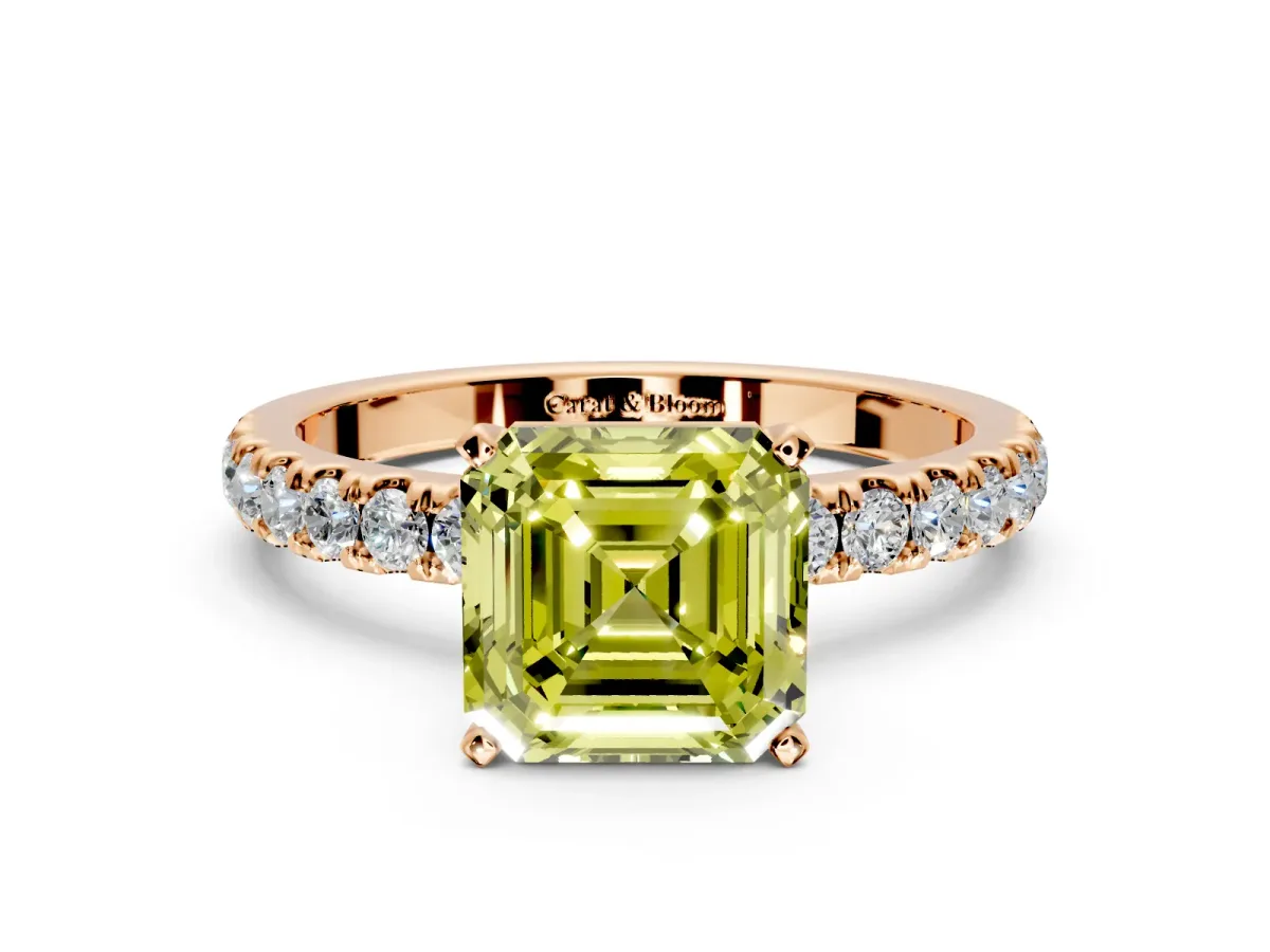 Open Basket Engagement Ring Setting for Fancy Yellow Asscher Cut Center with Pave Band and Prong Head in Rose Gold