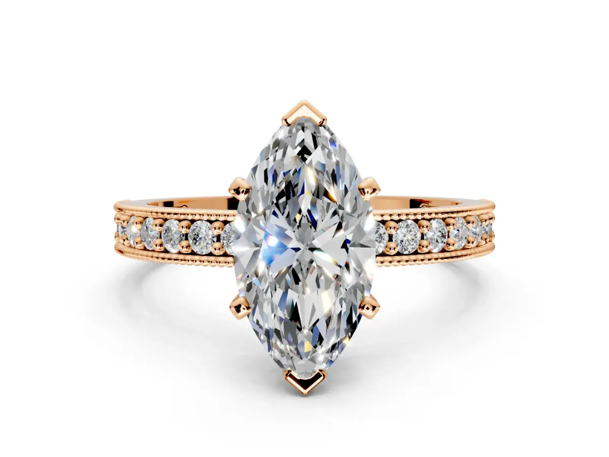 Milgrain Pave Engagement Ring Setting for Marquise Center with Accent Band and Prong Head in Rose Gold