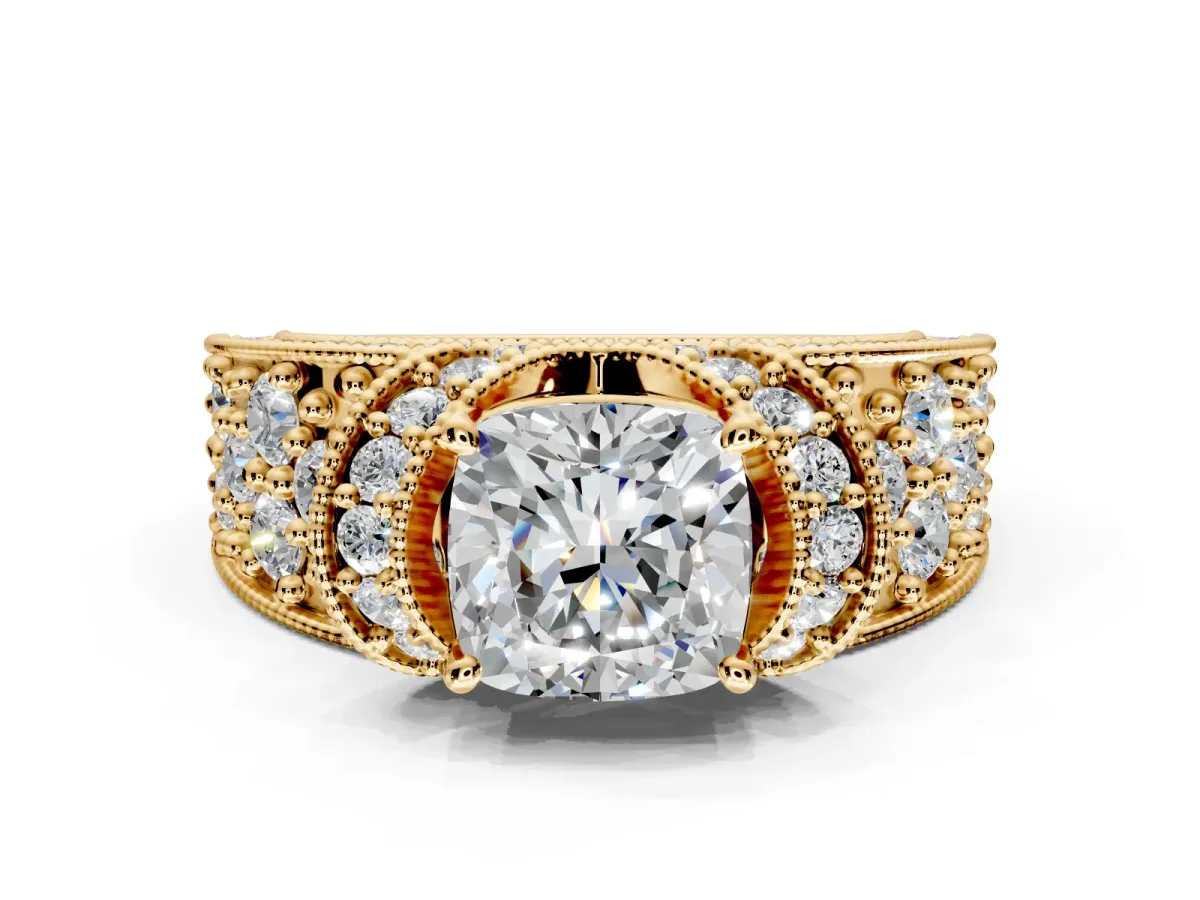 Pave Engagement Ring Setting for Cushion Cut Center with Curved Accent Rows, Openwork and Prong Head in Yellow Gold