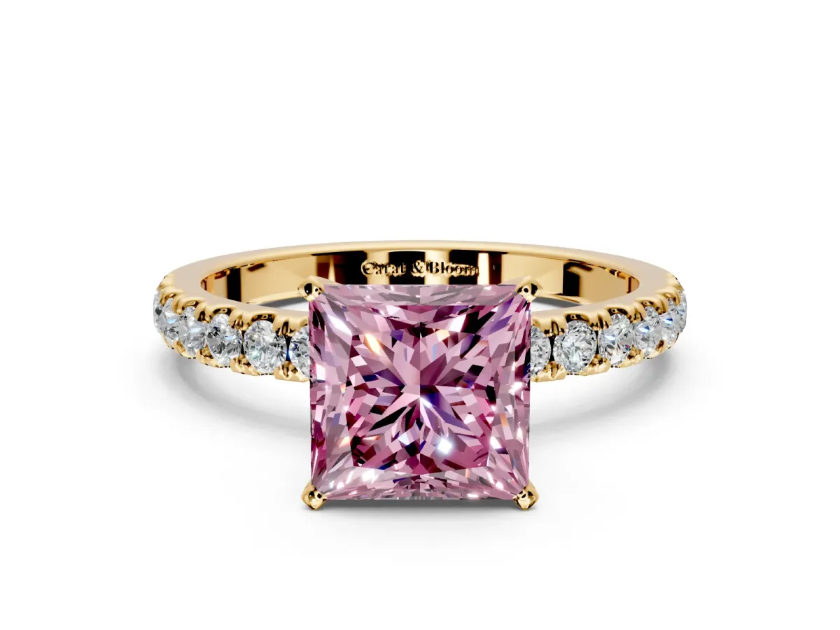 Open Basket Engagement Ring Setting for Fancy Pink Princess Cut Center with Pave Band and Prong Head in Yellow Gold