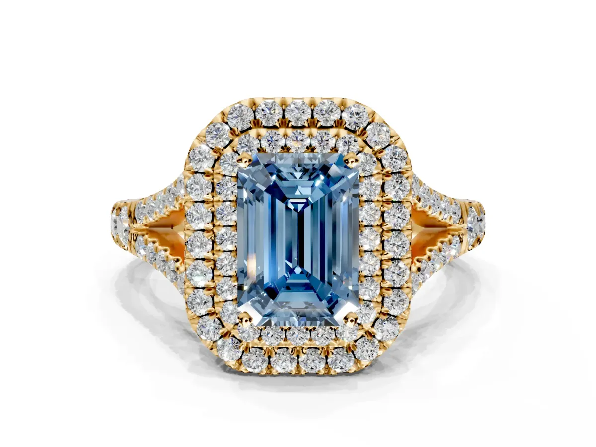 Double Halo Engagement Ring Setting for Fancy Blue Emerald Cut Center with Narrow Pave Split Shank and Prong Head in Yellow Gold