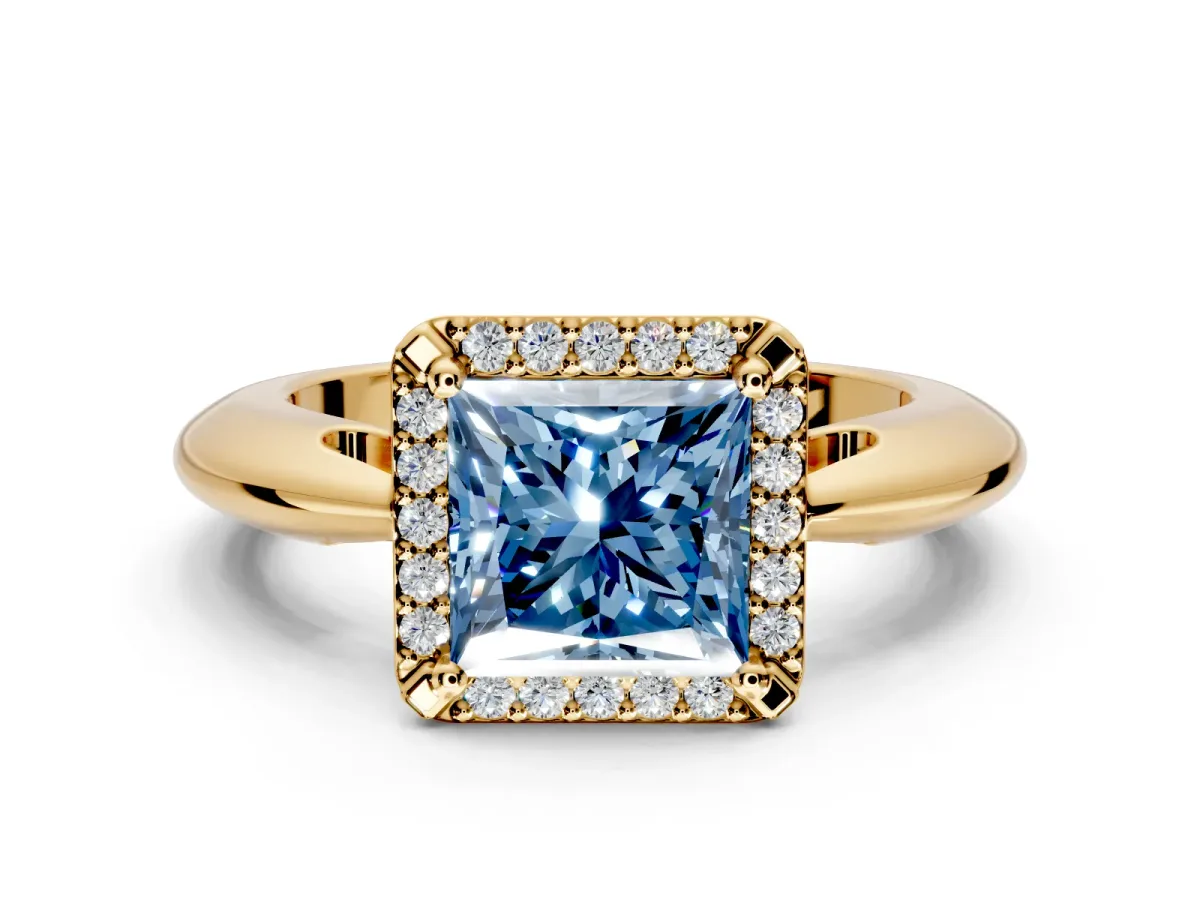Halo Engagement Ring Setting for Fancy Blue Princess Cut Center with Tapered Plain Band and Prong Head in Yellow Gold