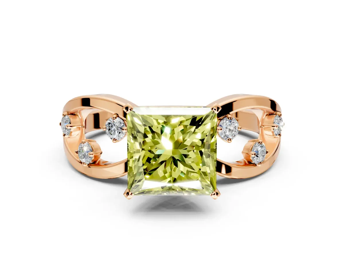 Solitaire Engagement Ring Setting for Fancy Yellow Princess Cut Center with Criss-Cross Accent Band and Prong Head in Rose Gold