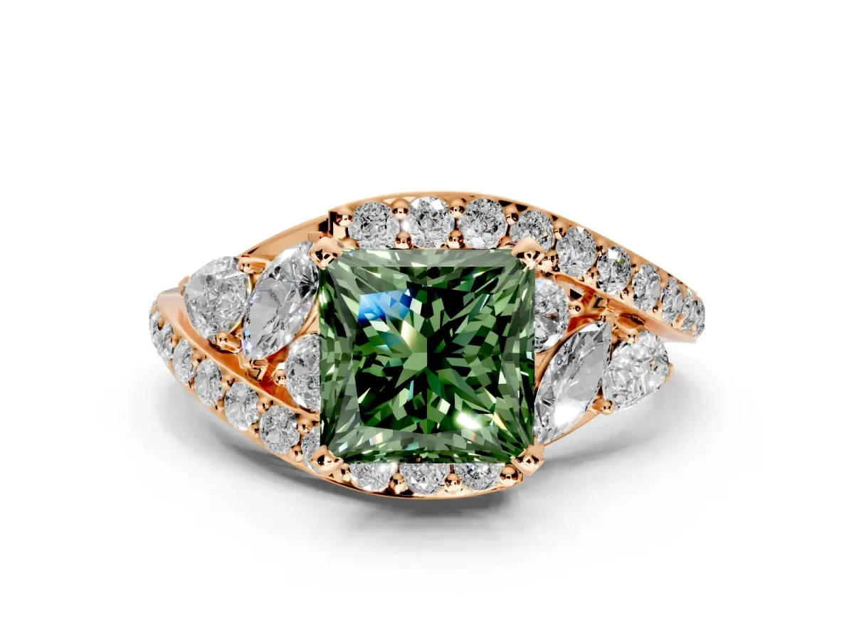 Halo Engagement Ring Setting for Fancy Green Princess Cut Center with Marquise and Pave Bypass Band and Prong Head in Rose Gold