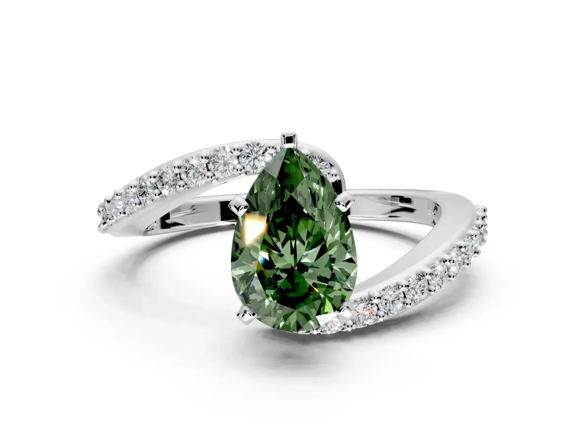 Solitaire Engagement Ring Setting for Fancy Green Pear-Shaped Center with Pave Bypass Swirl Band and Prong Head in White Gold