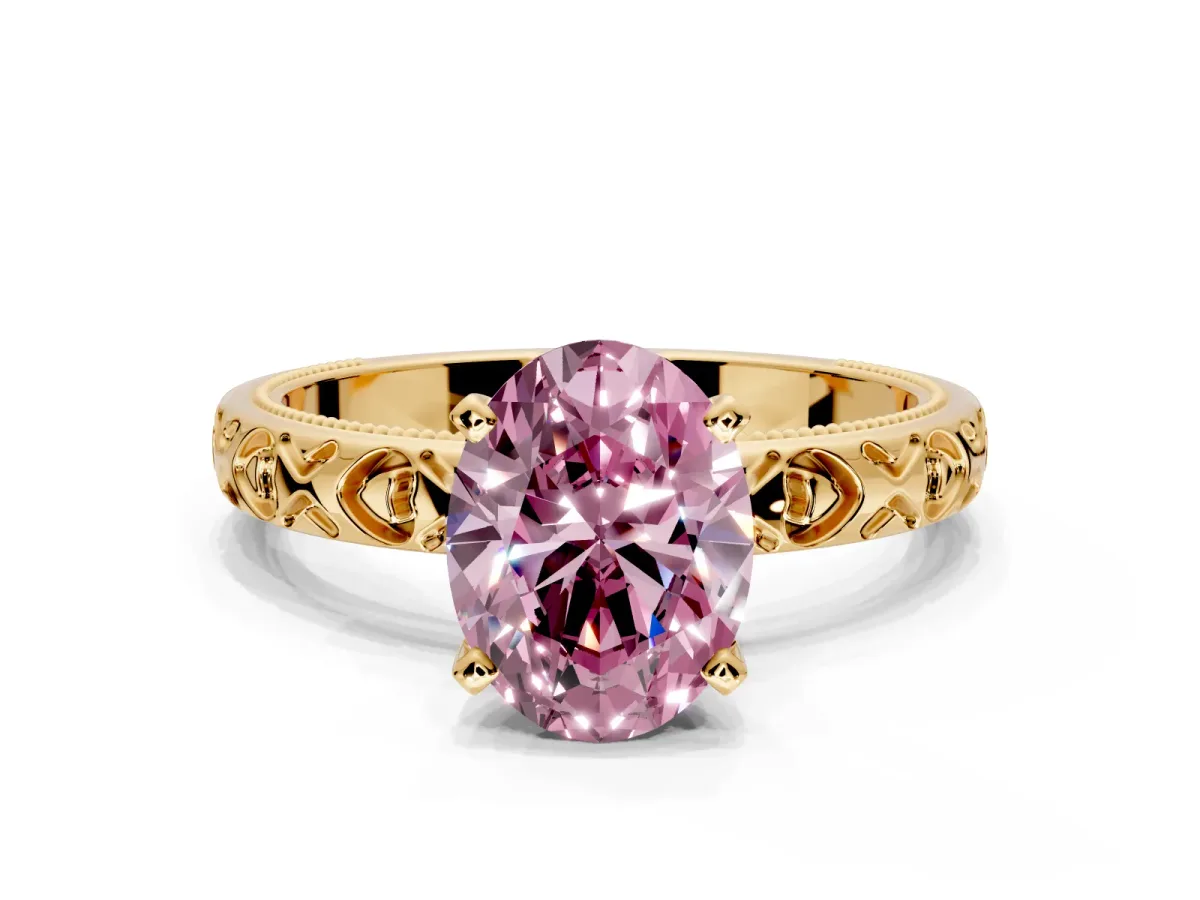 Solitaire Engagement Ring Setting for Fancy Pink Oval Center with XO Engraved Band and Prong Head in Yellow Gold