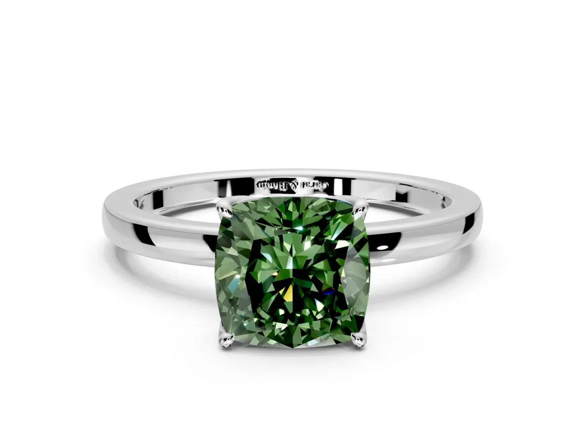 Solitaire Engagement Ring Setting for Fancy Green Cushion Cut Center with Thin Rounded Plain Band and Prong Head in Sterling Silver