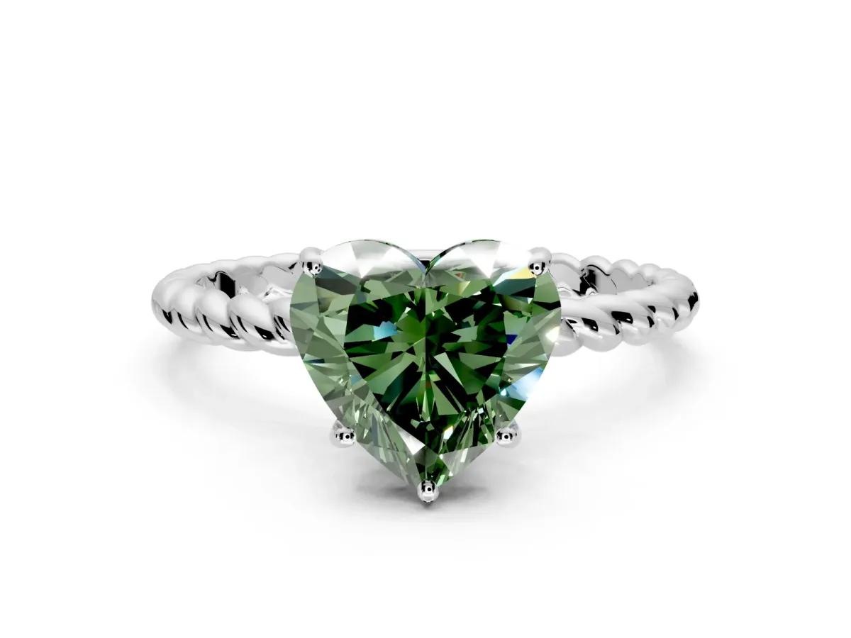 Solitaire Engagement Ring Setting for Fancy Green Heart-Shaped Center with Plain Twisted Rope Band and Prong Head in Sterling Silver