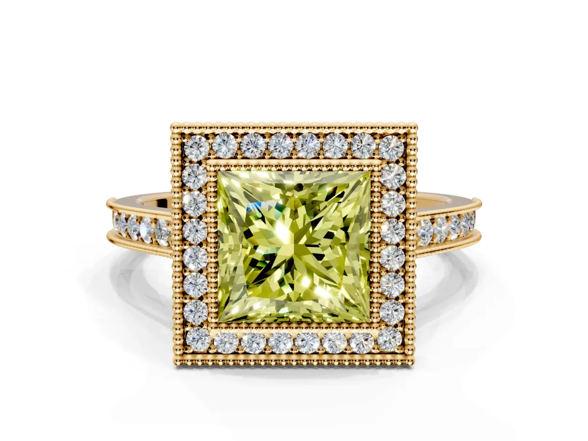 Halo Engagement Ring Setting for Fancy Yellow Princess Cut Center with Milgrain Pave Band and Bezel Head in Yellow Gold
