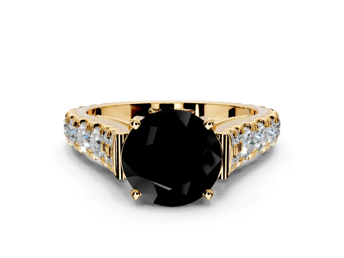 Solitaire Engagement Ring Setting for Fancy Black Round Cut Center with Pave Cathedral Shoulders and Prong Head in Yellow Gold