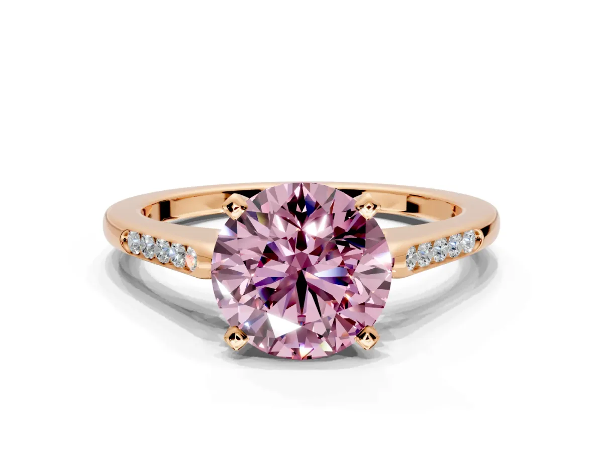 Solitaire Engagement Ring Setting for Fancy Pink Round Cut Center with Channel Accents and Prong Head in Rose Gold