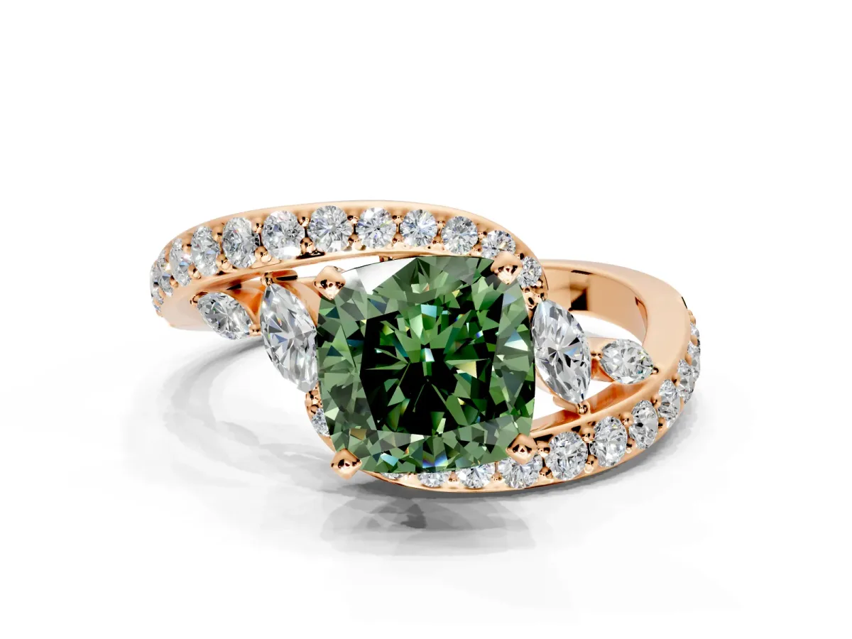Solitaire Engagement Ring Setting for Fancy Green Cushion Cut Center with Filigree Band and Prong Head in Rose Gold