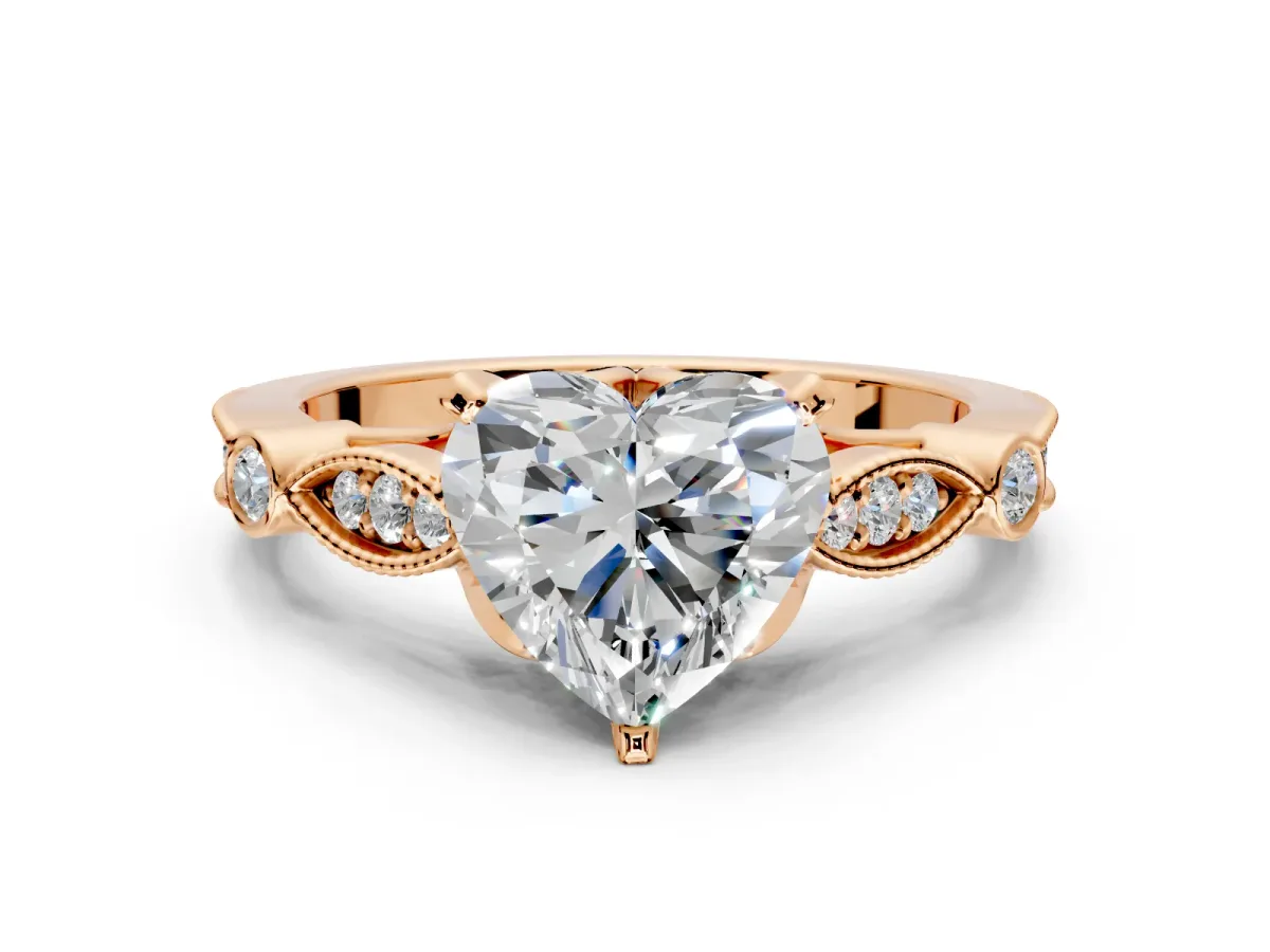 Solitaire Engagement Ring Setting for Heart-Shaped Center with Marquise and Bezel Accents and Prong Head in Rose Gold