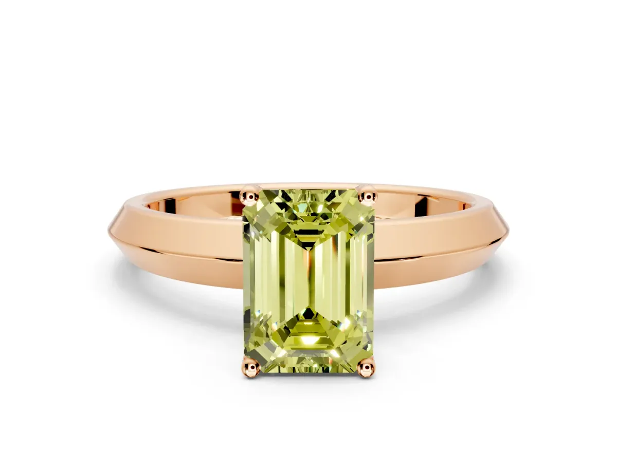 Solitaire Engagement Ring Setting for Fancy Yellow Emerald Cut Center with Wide Knife Ridge Band and Prong Head in Rose Gold