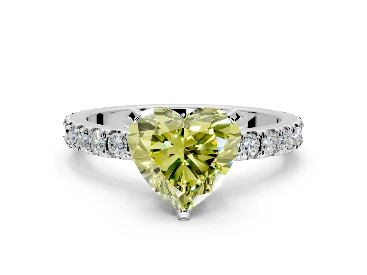Solitaire Engagement Ring Setting for Fancy Yellow Heart-Shaped Center with Fine Pave Band and Claw Prong Head in Sterling Silver