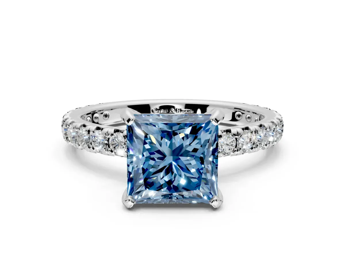 Solitaire Engagement Ring Setting for Fancy Blue Princess Cut Center with Shared-Prong Accents and Prong Head in Platinum