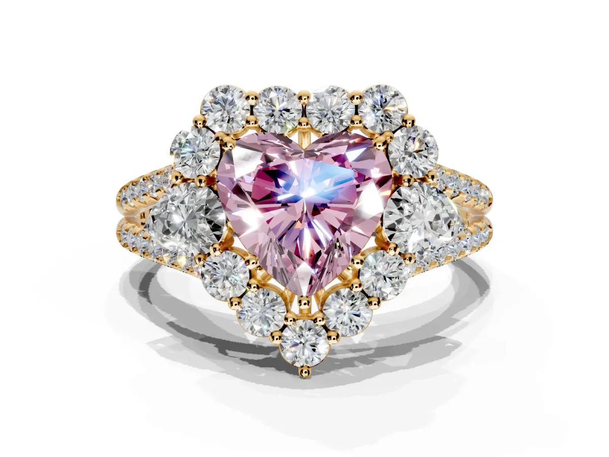 Halo Engagement Ring Setting for Fancy Pink Heart-Shaped Center with Two-Strand Split Shank and Prong Head in Yellow Gold
