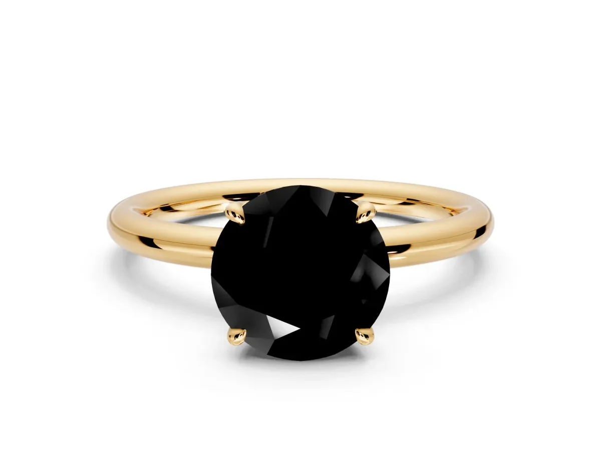 Hidden Halo Engagement Ring Setting for Fancy Black Round Cut Center with Thin Rounded Band and Prong Head in Yellow Gold